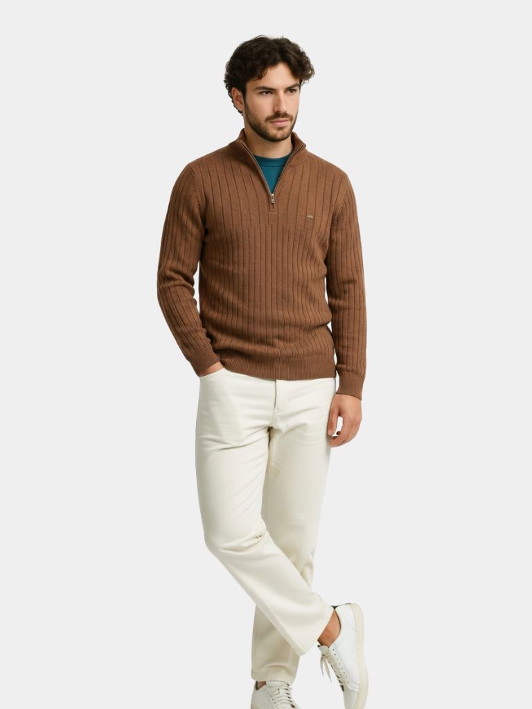 Quarter-Zip Sweater | Cotton Knit Vertical Stripes | Viretti Milano