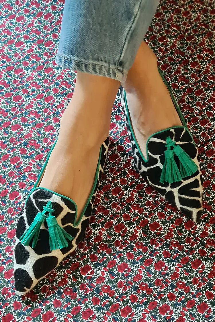 Pointed Giraffe Loafer | Green Fringe Detail