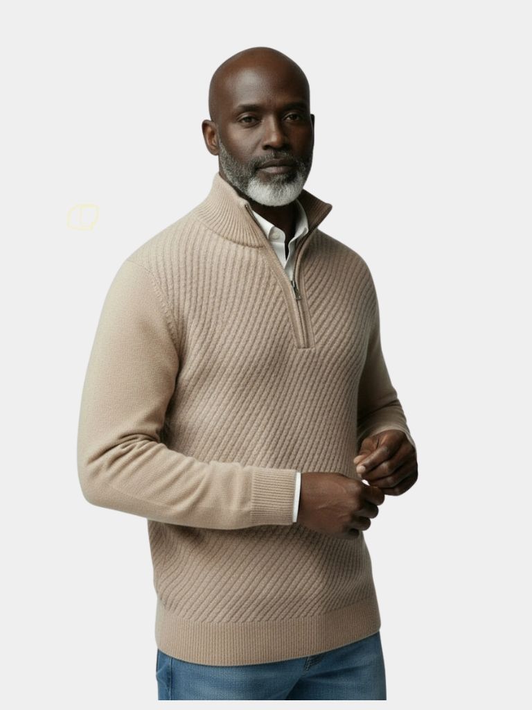 Wool Quarter Zip Sweater - Striped Stylish Pullover