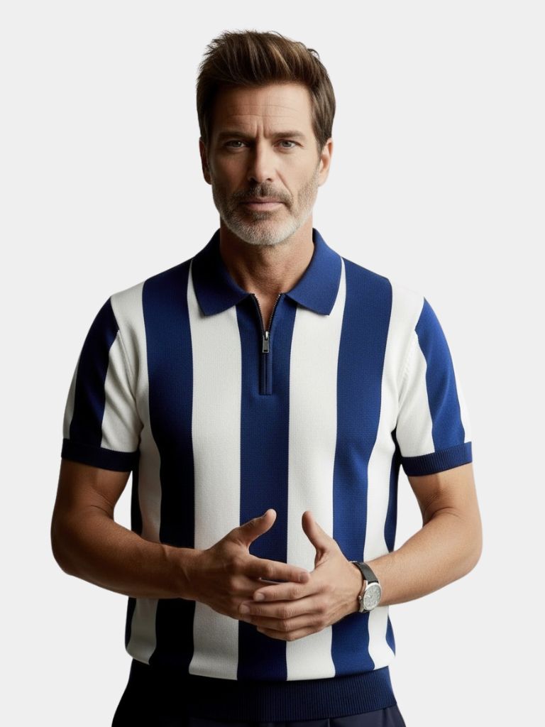 Navy Striped Polo Shirt | Breathable Cotton