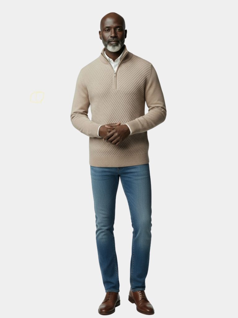 Wool Quarter Zip Sweater - Striped Stylish Pullover