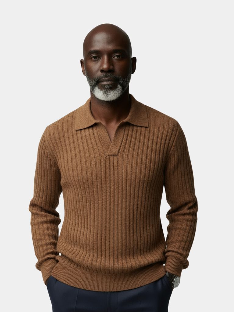 Ribbed V-Neck Sweater – Retro Style Polo Sweater
