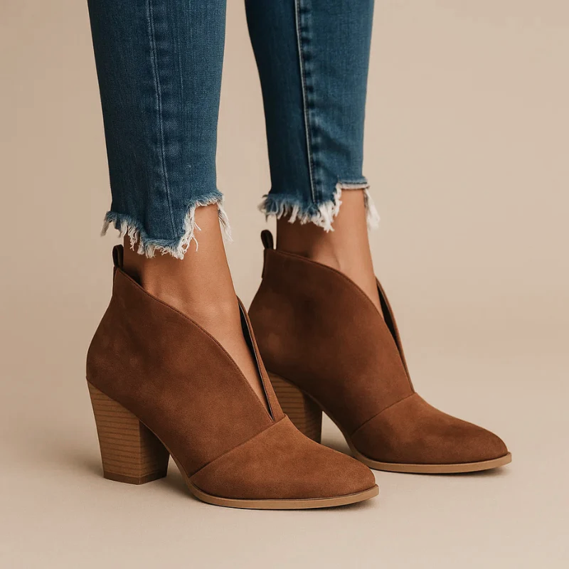 Block Heel Ankle Boots - Elegant Cutout