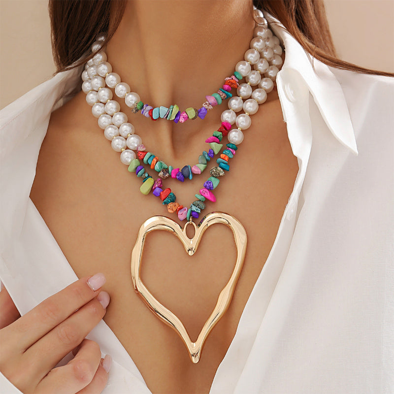 Beaded Statement Necklace – Gold Heart Pendant