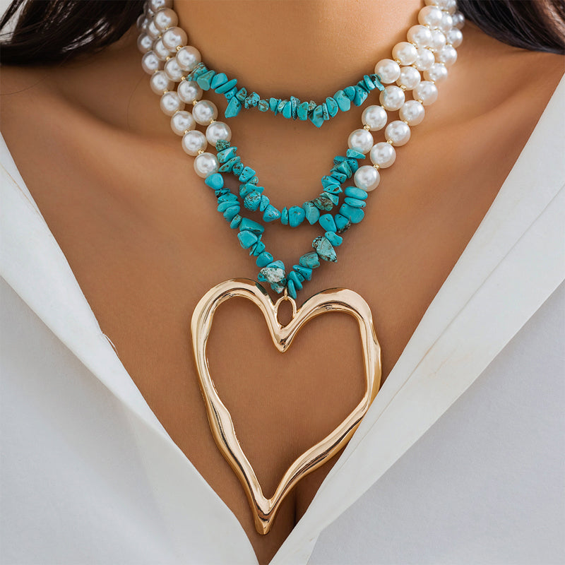 Beaded Statement Necklace – Gold Heart Pendant