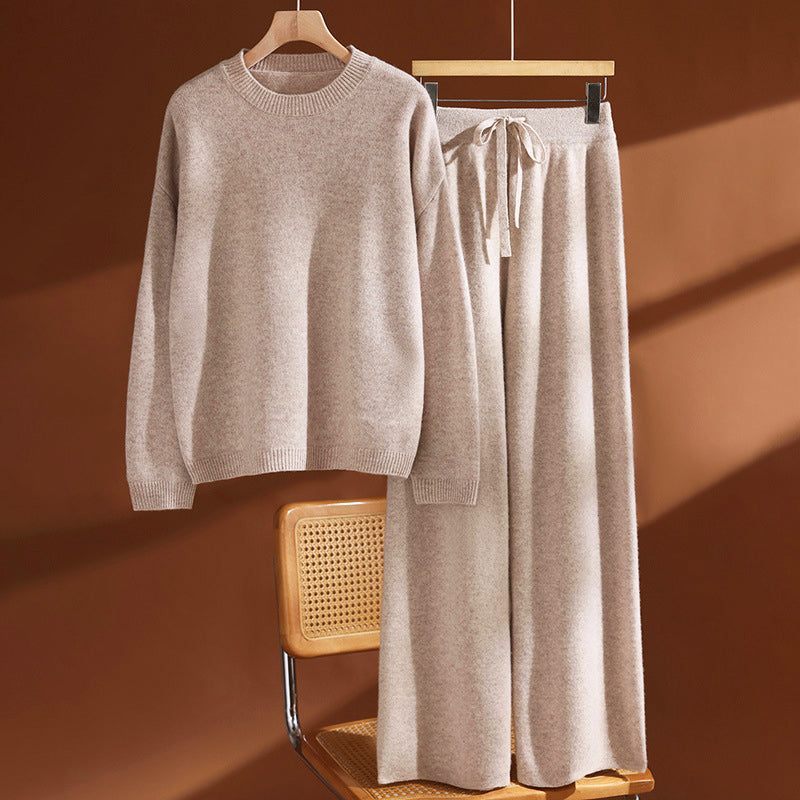 Wool Knit Sweater Set | Elastic Waistband Wide-Leg Pants
