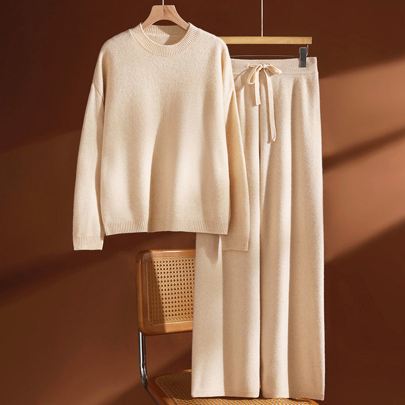 Wool Knit Sweater Set | Elastic Waistband Wide-Leg Pants