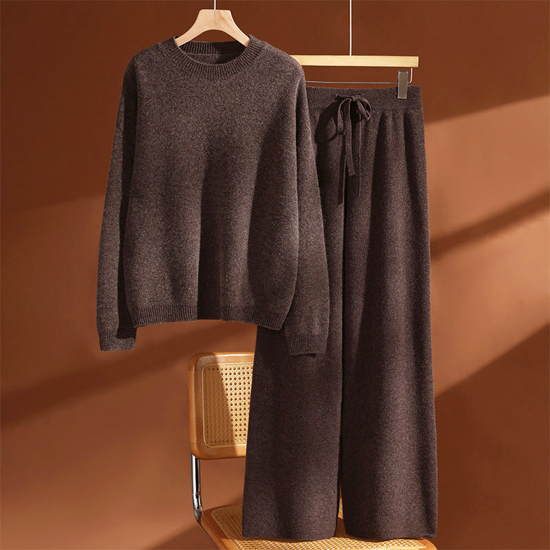 Wool Knit Sweater Set | Elastic Waistband Wide-Leg Pants