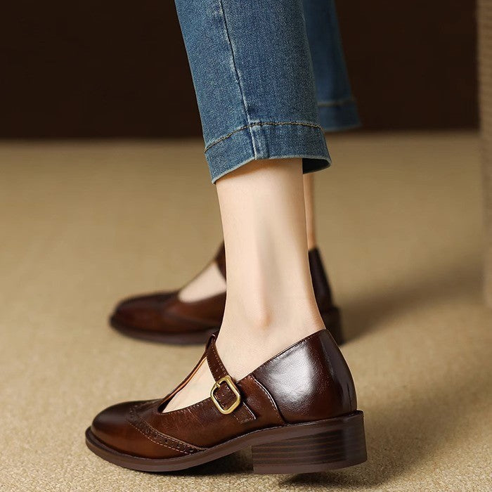 Mary Jane Shoes – Comfortable Leather Block Heel
