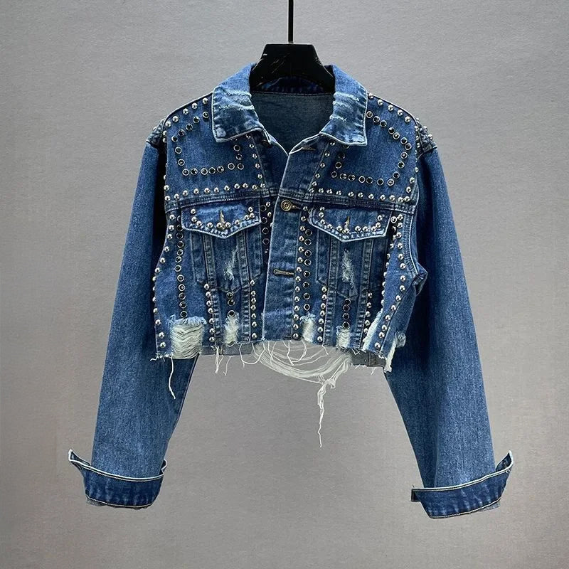 Studded Denim Jacket - Cropped Metallic Stud Coat