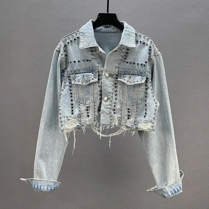 Studded Denim Jacket - Cropped Metallic Stud Coat