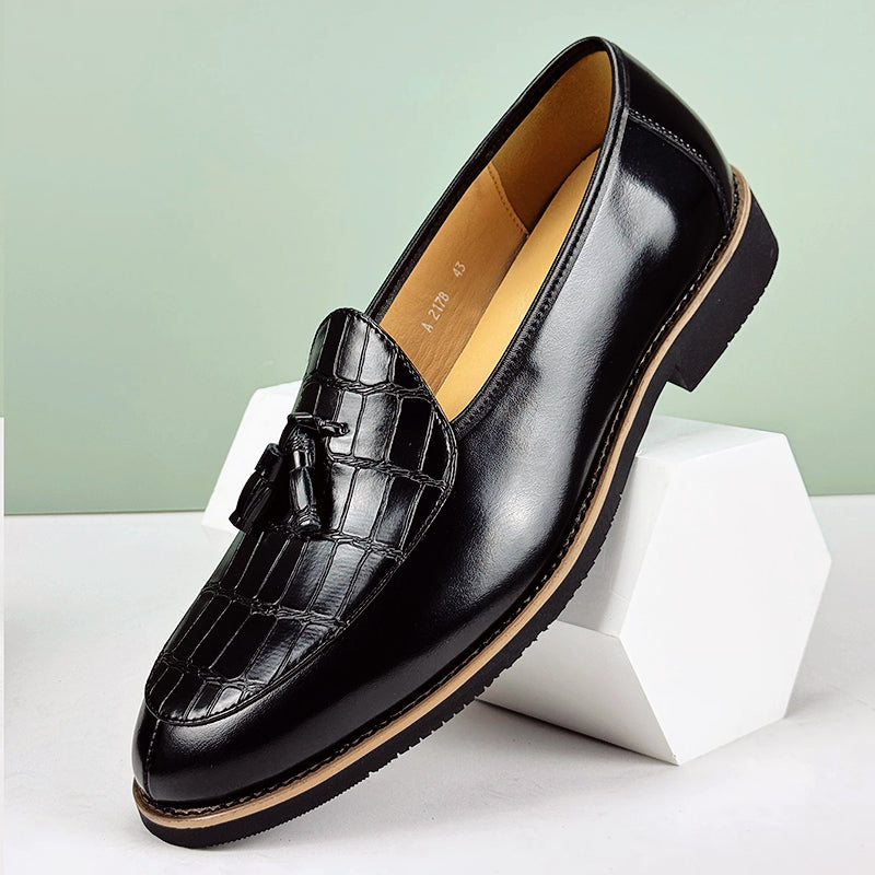 Italian Tassel Loafers | Classic Leather Slip-Ons With Croc Embossed Detail | Viretti Milano