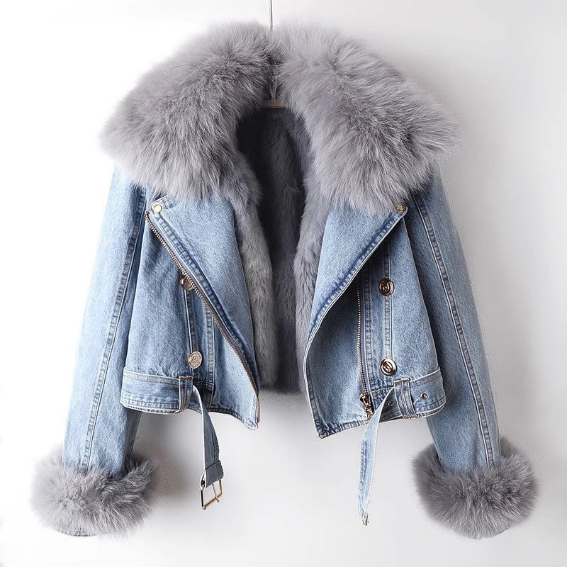 Luxurious Denim Coat With Faux Fur