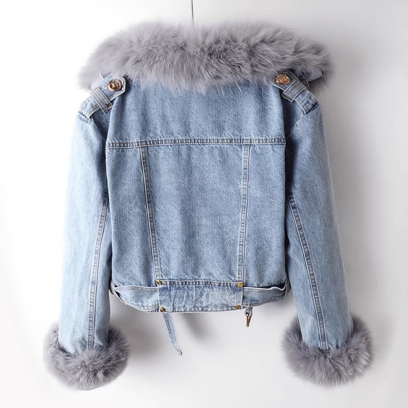 Luxurious Denim Coat With Faux Fur