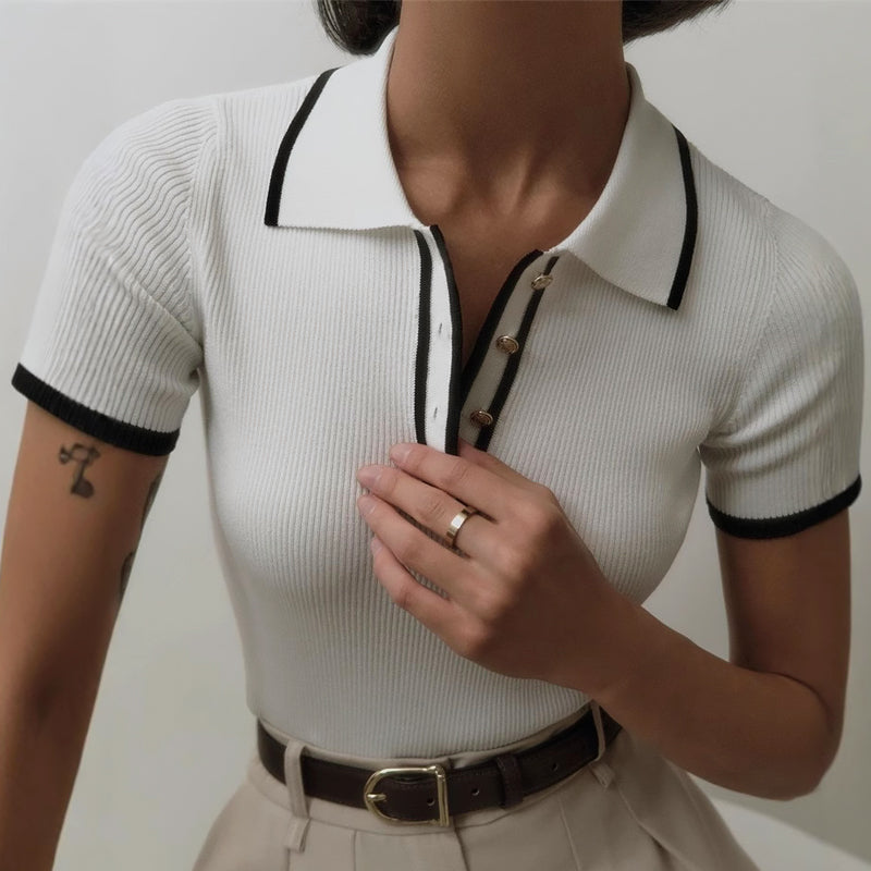 Ribbed Knit Top With Tailored Lapel