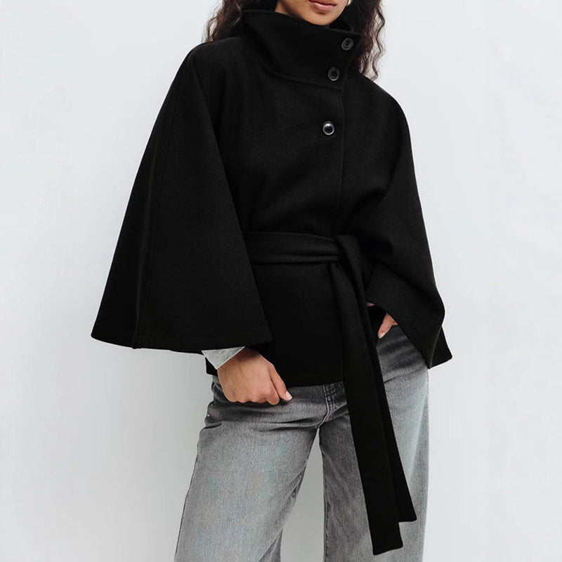 Belted Cape Coat High Collar Style