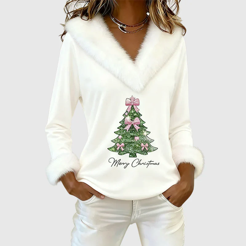 Women Christmas Top - Festive Fur Trim