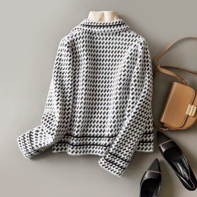 Cropped Buttoned Jacket | Houndstooth Pattern