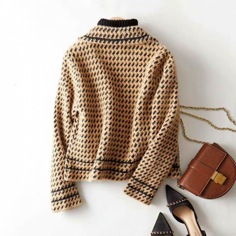 Cropped Buttoned Jacket | Houndstooth Pattern