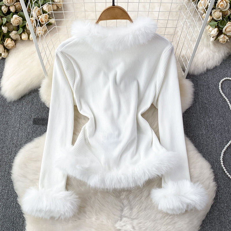 Women's Ribbed Top – Faux Fur Trim