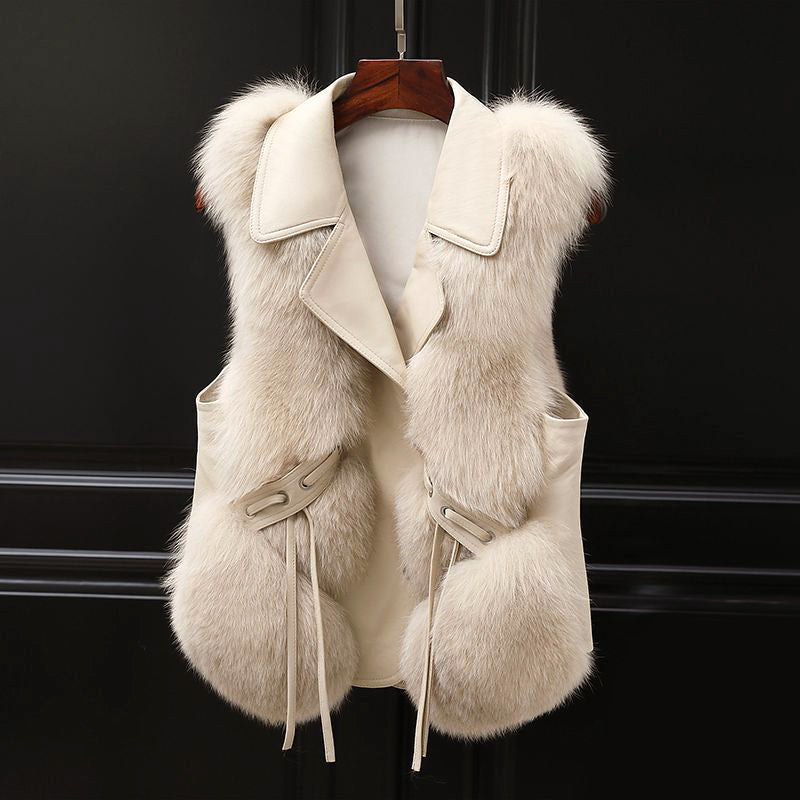 Women's Faux Fur Vest Featuring Lapel Collar & Waist Tie