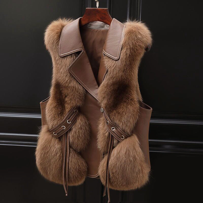 Women's Faux Fur Vest Featuring Lapel Collar & Waist Tie