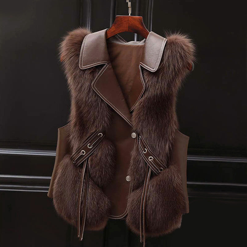 Women's Faux Fur Vest Featuring Lapel Collar & Waist Tie