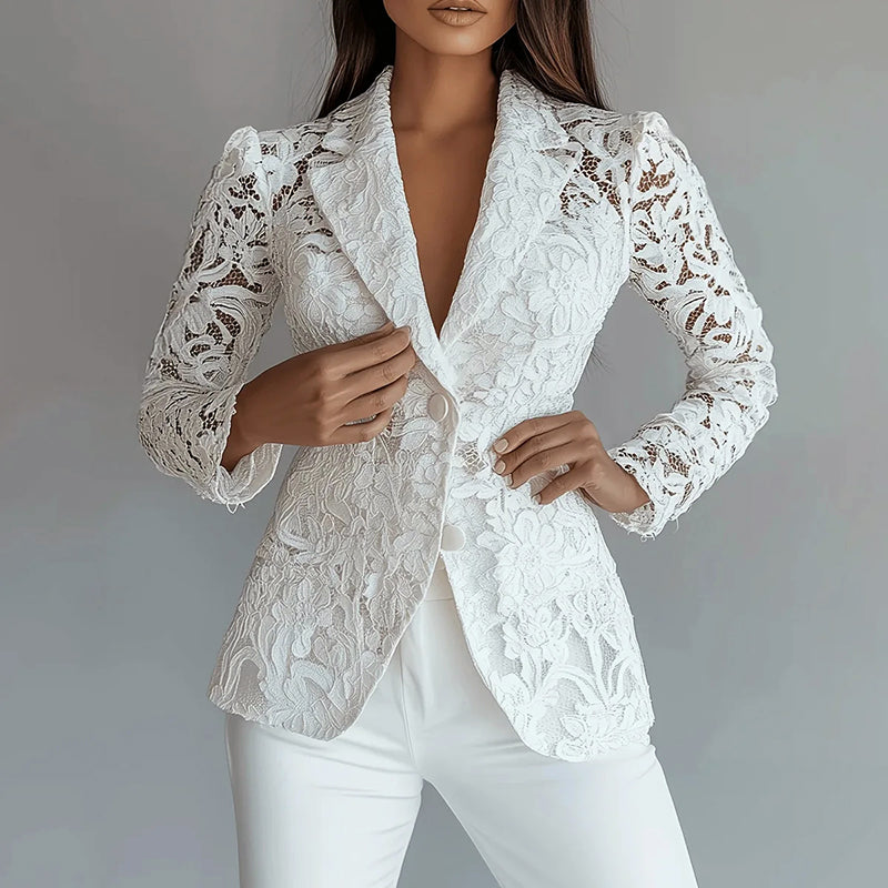 Floral Lace Blazer | Elegant Button Front