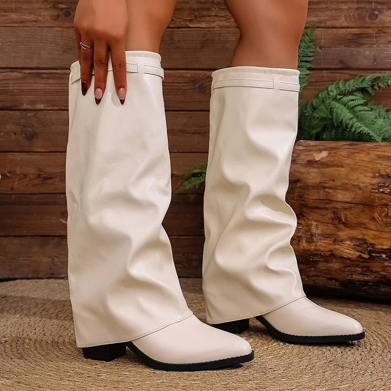 Fold-Over Knee Boots Featuring Square Heel