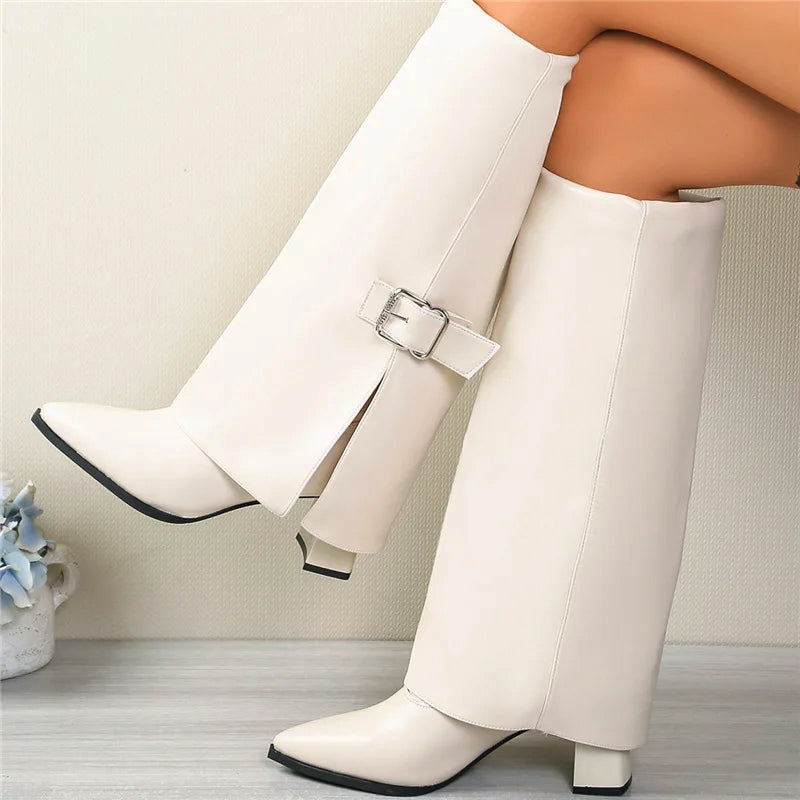 Foldover Knee Boots With Buckle