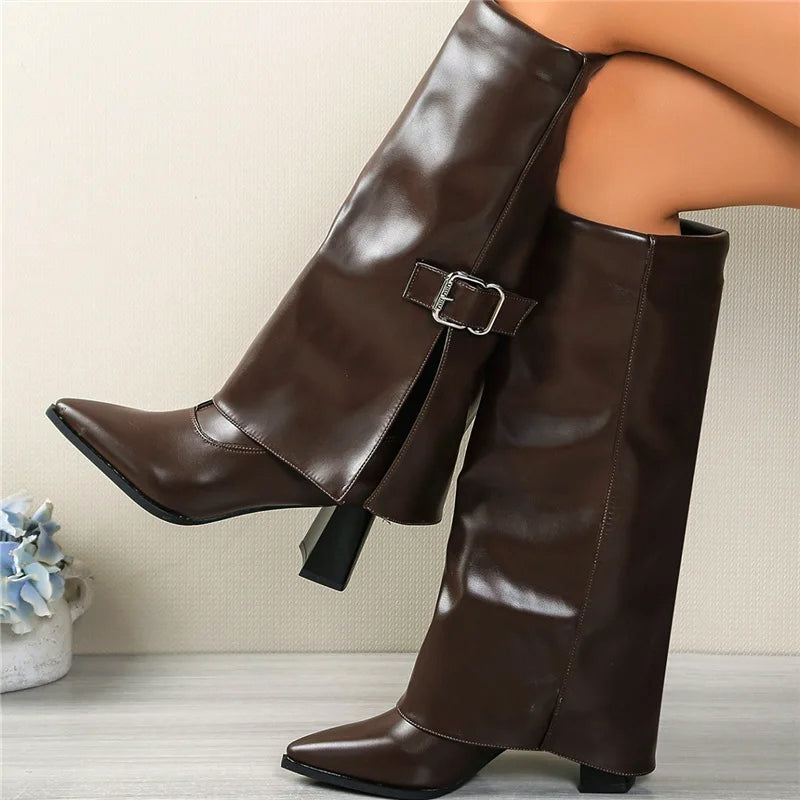 Foldover Knee Boots With Buckle