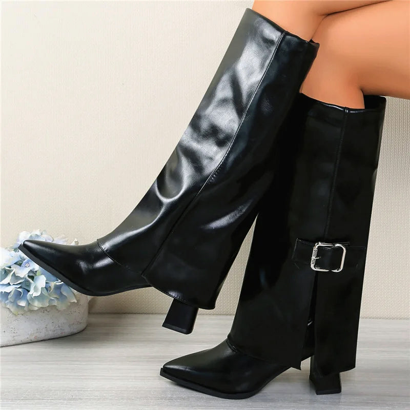 Foldover Knee Boots With Buckle