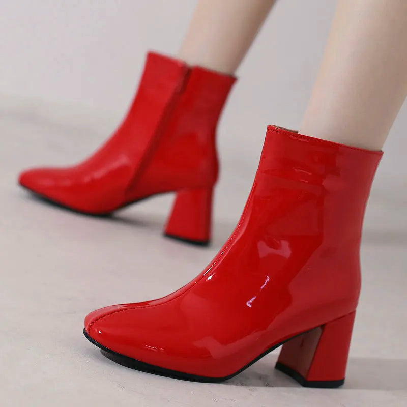 Glossy Leather Ankle Boots Stylish Block Heel