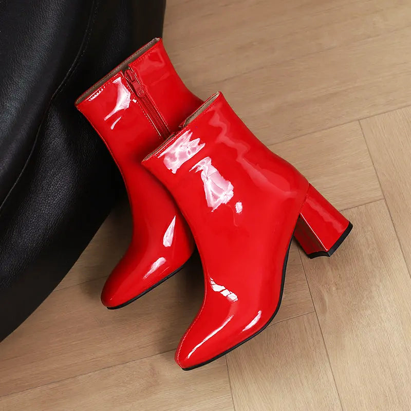 Glossy Leather Ankle Boots Stylish Block Heel