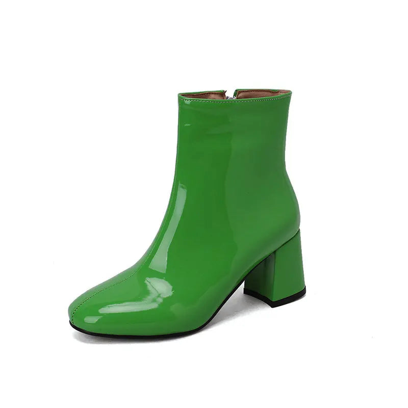 Glossy Leather Ankle Boots Stylish Block Heel