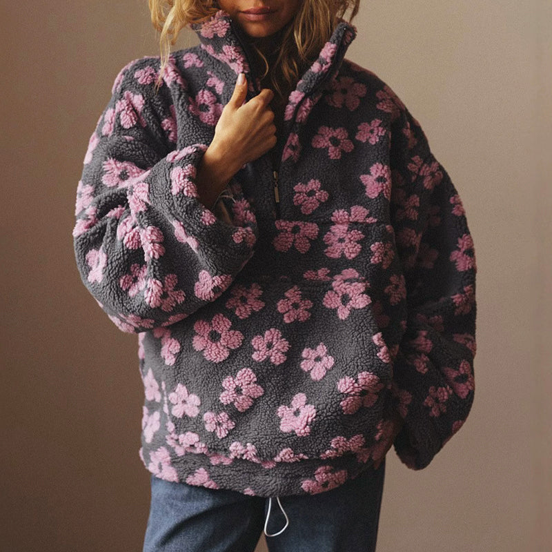 Women's Fleece Sweatshirt - Floral Half-Zip