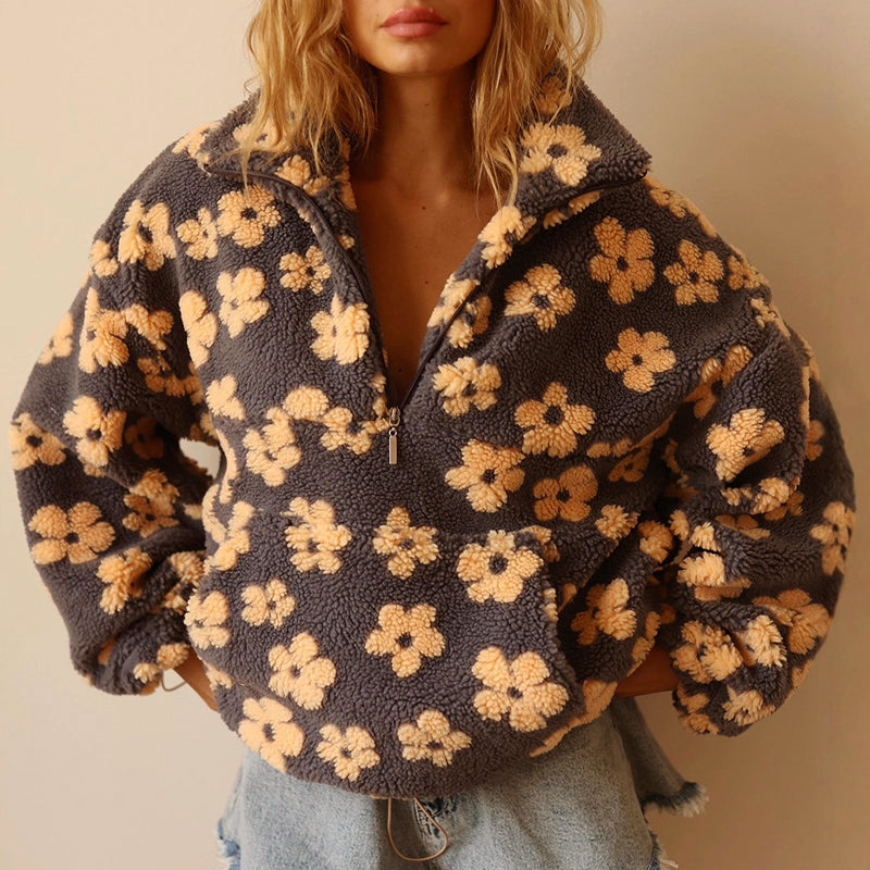 Women's Fleece Sweatshirt - Floral Half-Zip