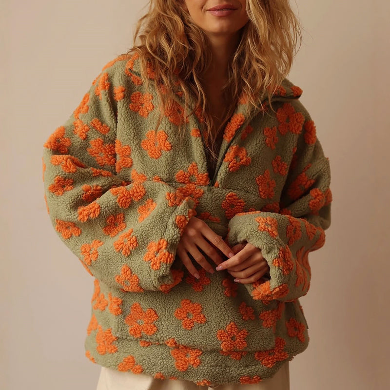 Women's Fleece Sweatshirt - Floral Half-Zip