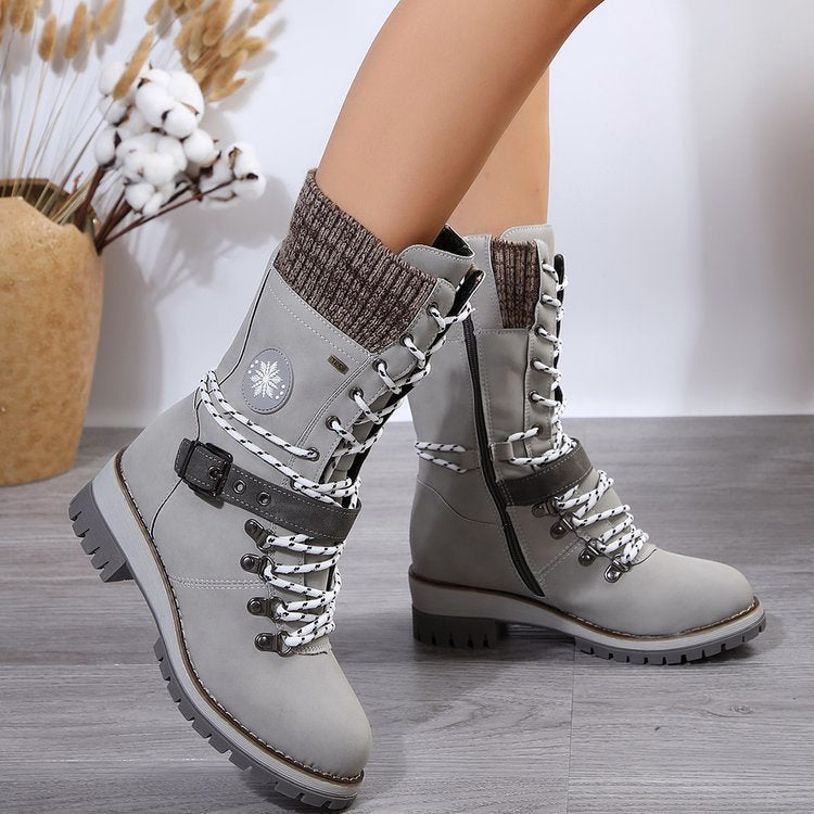 Women's Winter Boots - Lace-Up Knit Collar