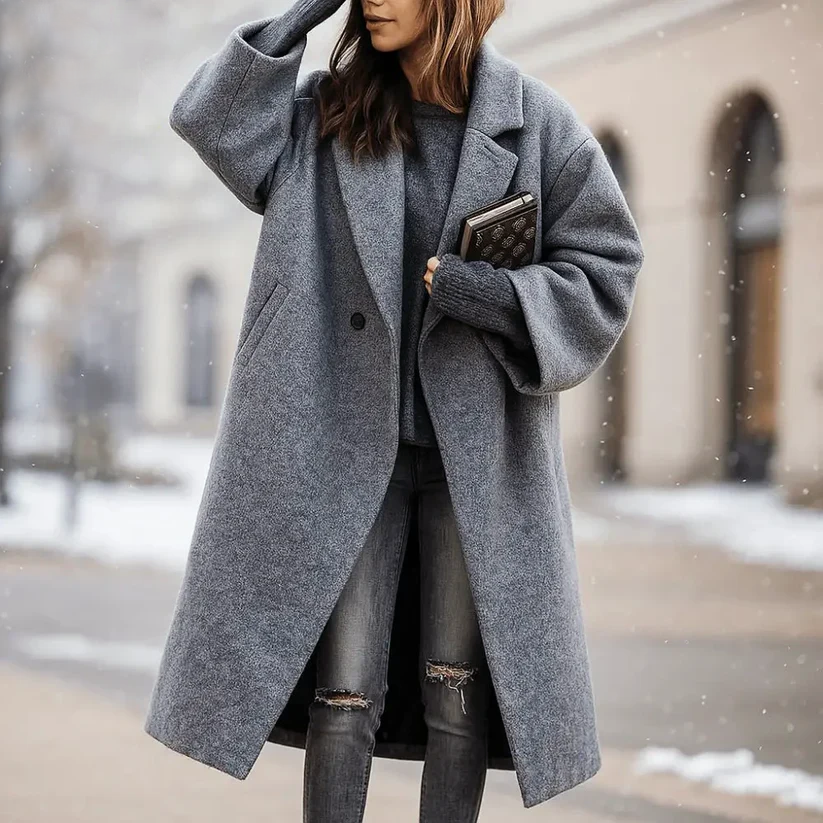 Women Long Coat - Wide Collar