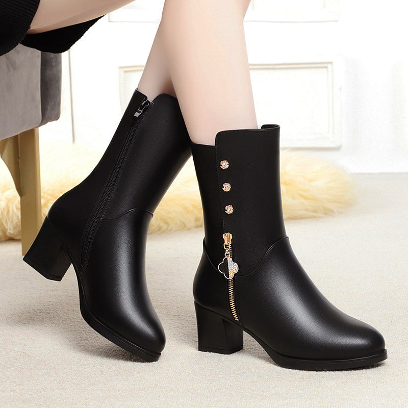 Women's Leather Boots – Mid-Calf Plush Lined