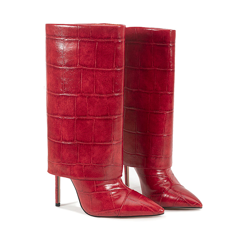 Mid-Calf Stiletto Boots – Croc Print