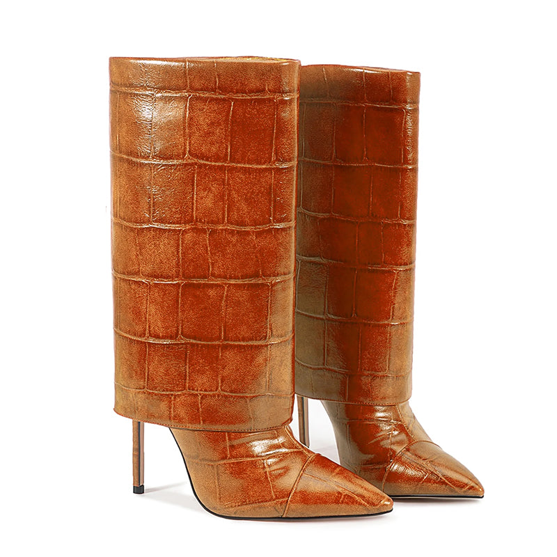 Mid-Calf Stiletto Boots – Croc Print