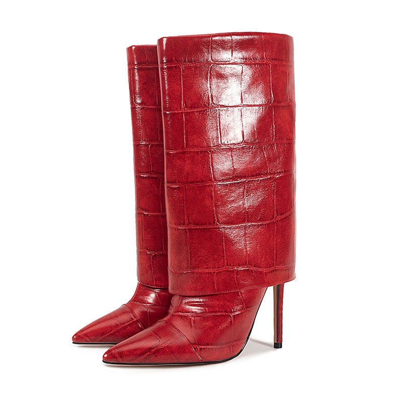 Mid-Calf Stiletto Boots – Croc Print