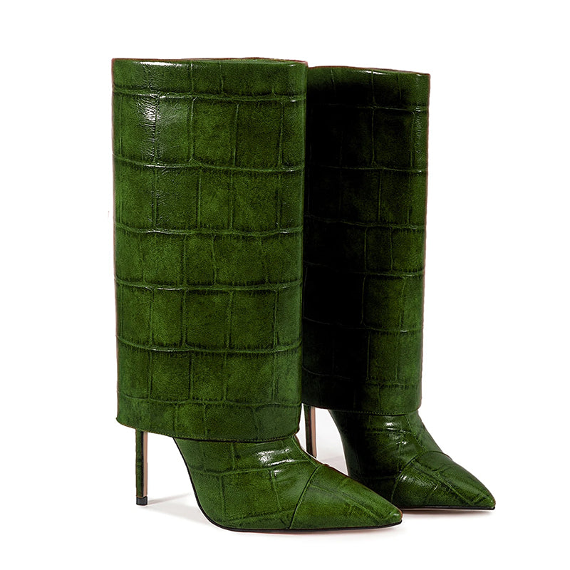 Mid-Calf Stiletto Boots – Croc Print