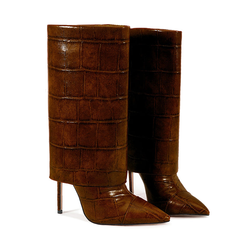Mid-Calf Stiletto Boots – Croc Print