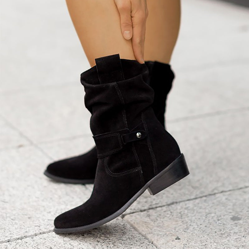 Women's Suede Slouch Boots - Mid-Calf Low Heel