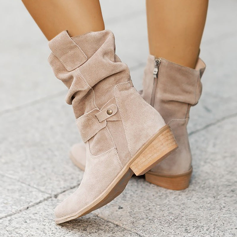 Women's Suede Slouch Boots - Mid-Calf Low Heel