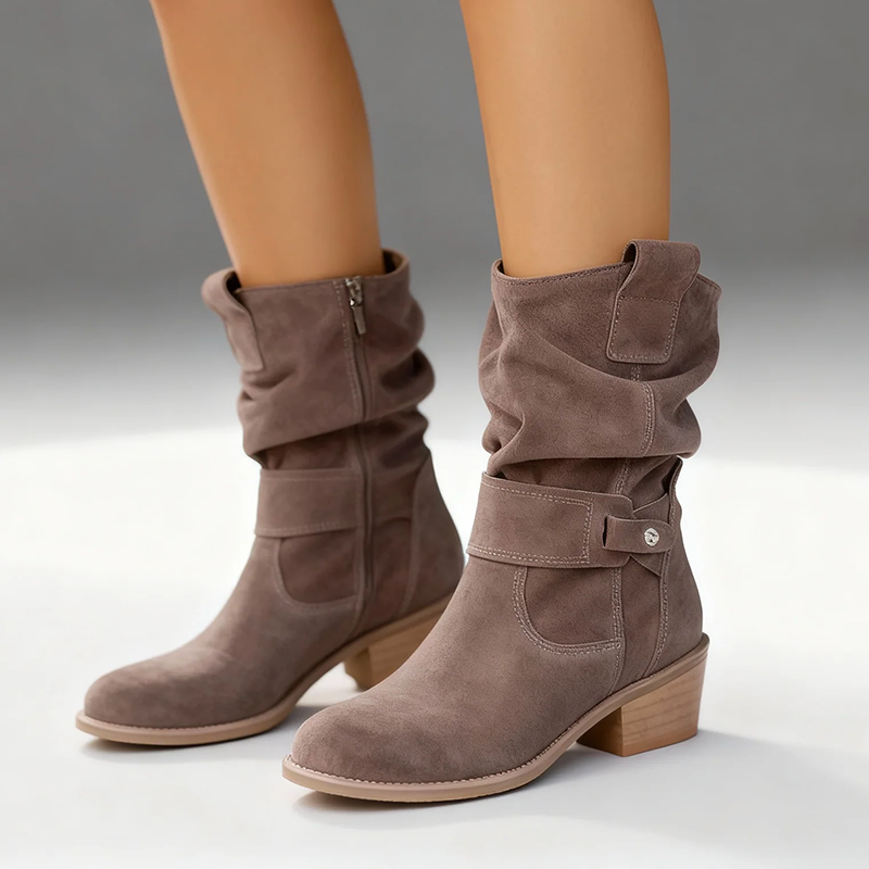Women's Suede Slouch Boots - Mid-Calf Low Heel