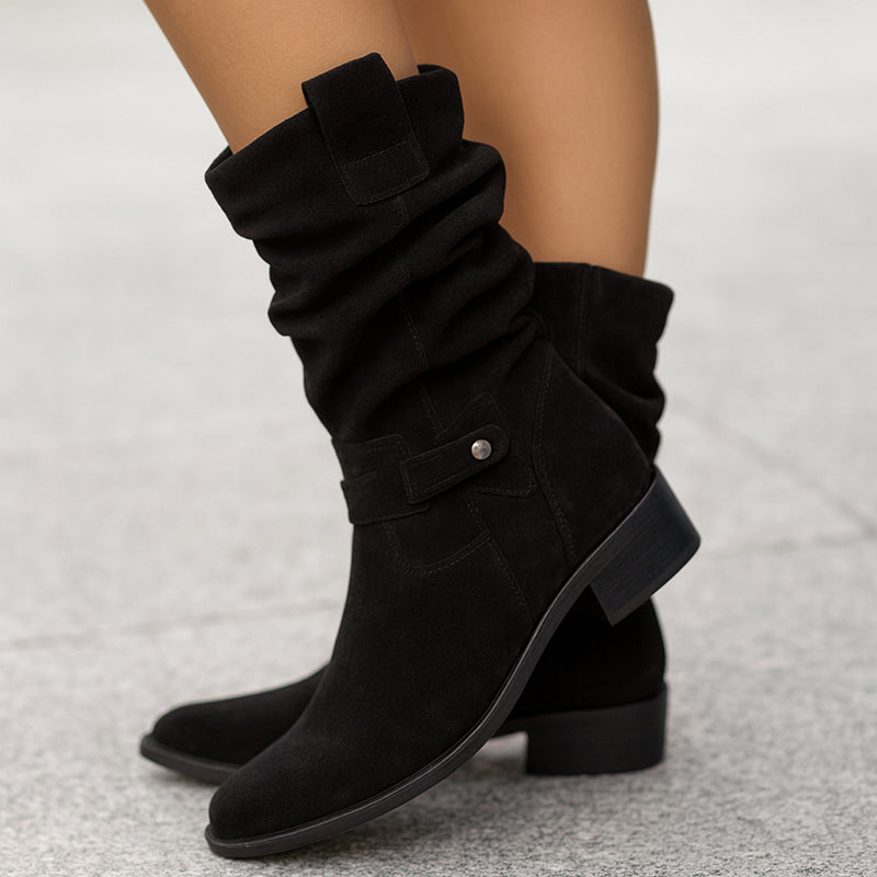 Women's Suede Slouch Boots - Mid-Calf Low Heel